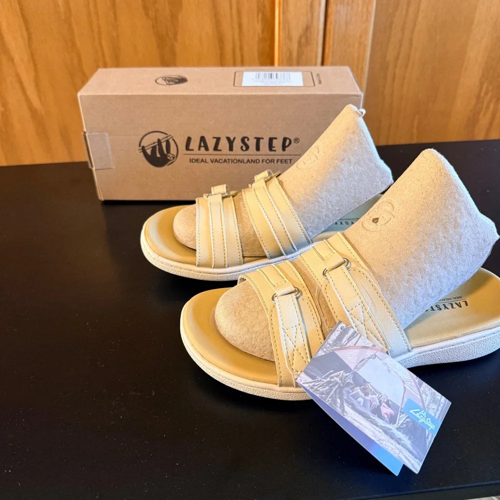 Lazystep Slide Sandals Size 6 Beige New Adjustable Double Strap Comfort Shoes